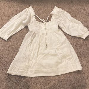 Free People White/ Cream Puff Long Sleeve Dress with Tie Neckline